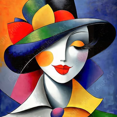 John Joseb Art (Aluminium) 100x100 | Vrouw met hoed, abstract, Picasso stijl, kleurrijk, kunst, vierkant, mens, rood, blauw, geel, groen, modern | foto-schilderij op dibond, metaal wanddecoratie