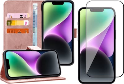 Hoesje geschikt voor iPhone 14 - Book Case Kunstleer Wallet Cover Portemonnee Pasjeshouder Hoes Roségoud - Full Tempered Glass Screenprotector