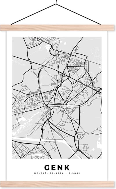 Posterhanger incl. Poster 40x60 cm - Schoolplaat - België – Genk – Stadskaart – Kaart – Zwart Wit – Plattegrond - Textielposter - Blanke latten - Stadskaart