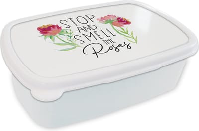 Broodtrommel Wit - Lunchbox - Brooddoos - Spreuken - Stop and smell the roses - Quotes - 18x12x6 cm - Volwassenen