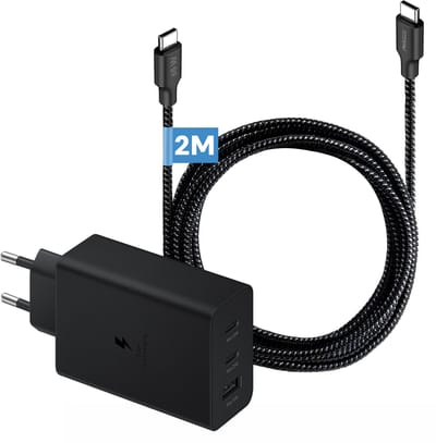 Phreeze USB C Oplader 65W + USB C Kabel 2 Meter Nylon Gevlochten - Snellader - 3 Poorten - USB C Adapter - Stevig - USB C naar USB C - Universeel - Zwart