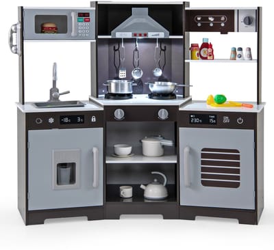 COSTWAY Kinderkeuken, hout, speelkeuken met afzuigkap, gootsteen, kraan, magnetron en oven, speelgoedkeuken met links en geluid, houten keuken met accessoires voor kinderen vanaf 3 jaar (bruin)