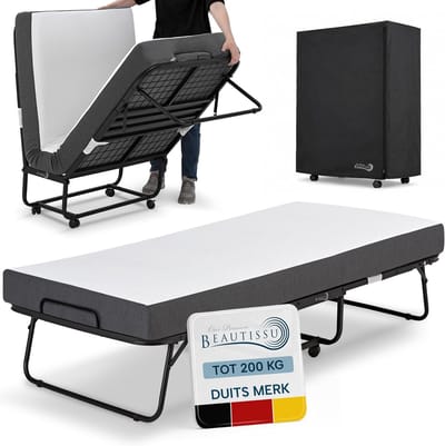 Beautissu Opklapbed 90x200 cm met 13 cm Matras, Memory Foam, Logeerbed voor Volwassenen tot 200 kg, Bed met 4 Vergrendelbare Wielen, Ruimtebesparend met Beschermhoes - Traumkraft D