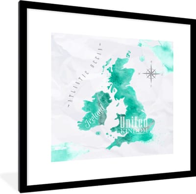 Poster in lijst - Fotolijst 40x40 cm - Posters - Waterverf - Wereldkaart - Engeland - Posterlijst zwart - Decoratie - Wanddecoratie woonkamer - Muurdecoratie slaapkamer