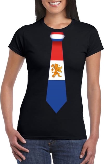 Zwart t-shirt met Hollandse vlag stropdas dames - Nederland supporter S