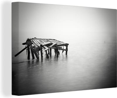 Canvas Schilderij Zwart-witte minimalistisch zeegezicht - 90x60 cm - Wanddecoratie