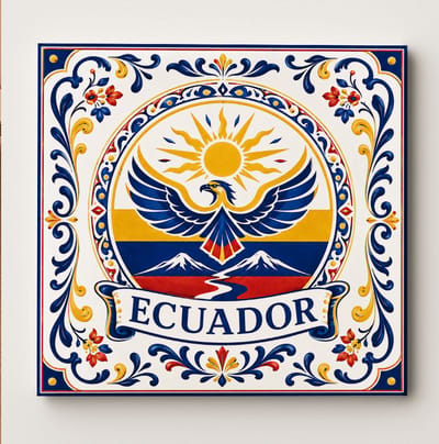 Ecuador Decoratieve Keramische Tegel – Andes Condor Zon en Bergen Design – Geel Blauw Rood Wanddecoratie Tegel – Cultureel Woondecoratie Cadeau