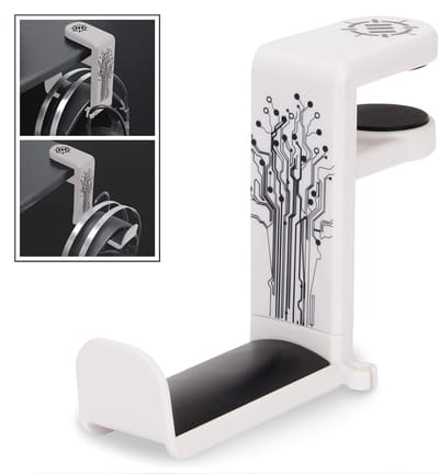 Hoofdtelefoon Hanger met Verstelbare Draaibare Arm - Onder Bureau Klem, Universele Pasvorm en Kabel Organiser - Wit
