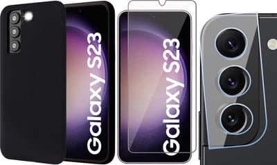 Hoesje geschikt voor Samsung Galaxy S23 - Screenprotector GlassGuard & Camera Lens Screen Protector - Back Cover Case SoftTouch Zwart