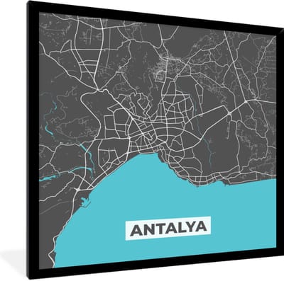 Fotolijst incl. Poster - Antalya - Stadskaart - Plattegrond - Blauw - Kaart - 40x40 cm - Posterlijst
