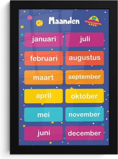 Poster in lijst - Fotolijst 20x30 cm - Posters - Maanden - Educatief - Leren voor kinderen - Ruimte - Posterlijst zwart - Kamer decoratie - Wanddecoratie kinderkamer - Muurdecoratie babykamer