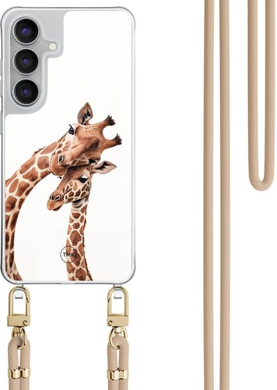 Telefoonhoesje met koord geschikt voor Samsung S25 FE - Giraffen - Inclusief Beige koord - Transparant, Bruin - Print - Crossbody beschermhoes - Met Telefoonketting