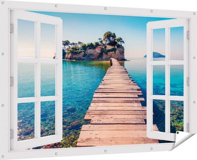 Gards Tuinposter Doorkijk Pad op het Water naar een Grieks Eiland - 180x120 cm - Tuindoek - Tuindecoratie - Wanddecoratie buiten - Tuinschilderij