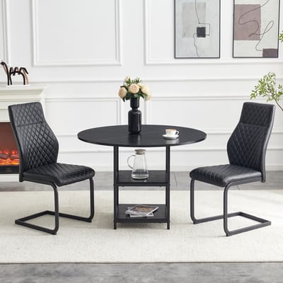 STILVORA Eettafelset - Ronde Eettafel Met Dubbele Opbergplank En 2 Stoelen - Voor Kleine Eethoek Of Keuken - Hout En Metaal - 107 Cm - Zwart