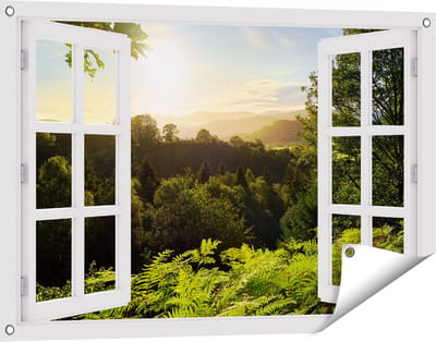 Gards Tuinposter Doorkijk Zonsondergang vanuit een Bos - 90x60 cm - Tuindoek - Tuindecoratie - Wanddecoratie buiten - Tuinschilderij