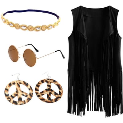 5 Stuks/Set Dames Gilet met Hoofdband Zonnebril Ketting En Oorbellen Kwastje Vest Retro Jaren 60 70 Dansfeest Disco Co M zwart