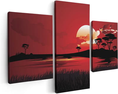 Artaza Canvas Schilderij Drieluik Rode Zonsondergang In De Savanne - Abstract - 90x60 - Foto Op Canvas - Canvas Print