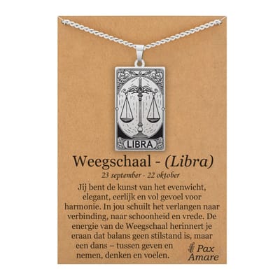 Sterrenbeeld Weegschaal (Libra) Ketting op Cadeau Kaartje Zilverkleurig - Zodiac in de stijl van Rider-Waite Tarot - Roestvrij Staal / Stainless Steel - 60cm - Pax Amare