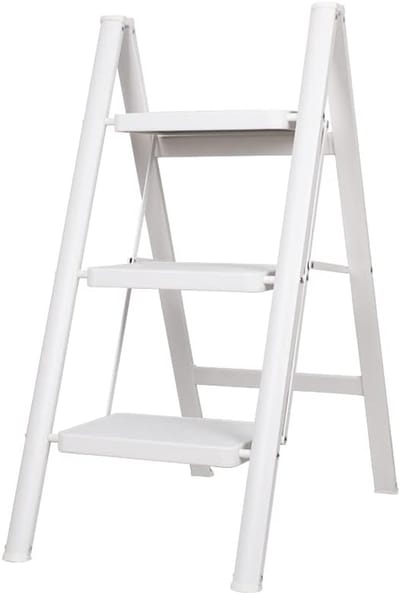 SnelShoppen - Inklapbare Trapladder 3 Treden Aluminium Lichtgewicht Antislip Huishoudtrap Geschikt voor Keuken, Garage, Kantoor - Wit, Belastbaar tot