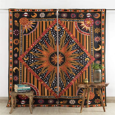 3D Indiase Gordijnen Zon Vorm Mandala Hippy Stijl Bohemien Woonkamer Slaapkamer Huisinrichting Zonnescherm Gordijn Ringtop 2 Gordijnpanelen W100H240(CM)x2&Grommet Top