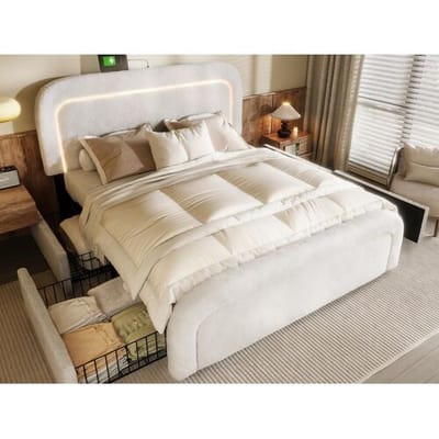 ModernLuxe Sherpa gewatteerd tweepersoonsbed met 4 lades - 160x200cm - met LED en oplaadpoorten - Wit