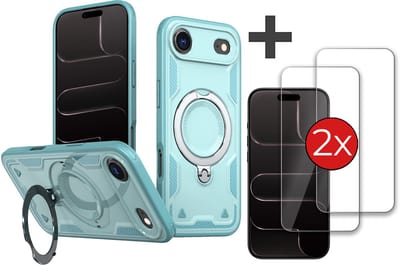 Hoesje Geschikt voor iPhone 17 Air met 2 Stuks gehard glas Screenprotector - Armor hoes met Ringhouder - Arara backcover - Lake Blauw