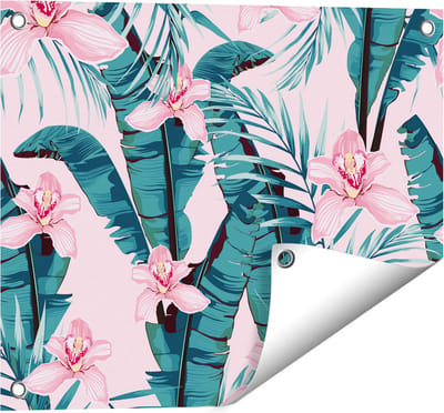 Gards Tuinposter Tropische Roze Zomer Bloemen met Bladeren - 50x40 cm - Tuindoek - Tuindecoratie - Wanddecoratie buiten - Tuinschilderij