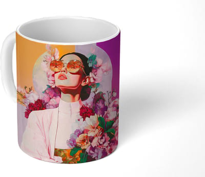 Mok - Koffiemok - Portret - Vrouw - Abstract - Bloemen - Mokken - 350 ML - Beker - Koffiemokken - Theemok