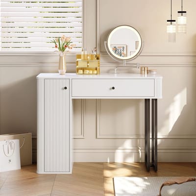 Make-uptafel, make-upset met LED-spiegel, 1 lade, 1 deur, 3-kleurige LED-verlichting, afmetingen: B100×H116×D40cm (zonder krukje)