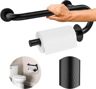Toiletrolhouder met beugel - Badkamersteun - Veiligheid in badkamer - Geïntegreerde rolhouder - 40 x 14 cm - Mat zwart