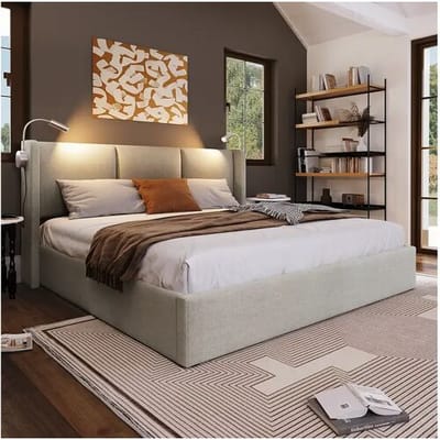 Merax Opbergbed 140 x 200 cm met hoofdeinde - linnenstof - USB + leeslamp - beige