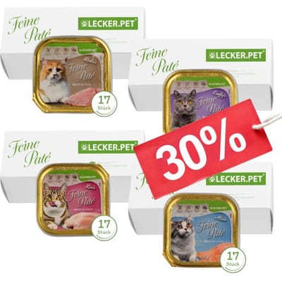 68 x 100 g Lecker.Pet® Balu's, Emily's, Leo's & Mia's Feine Paté kattenvoer natvoer mix compleet voer - 17 bakjes per soort