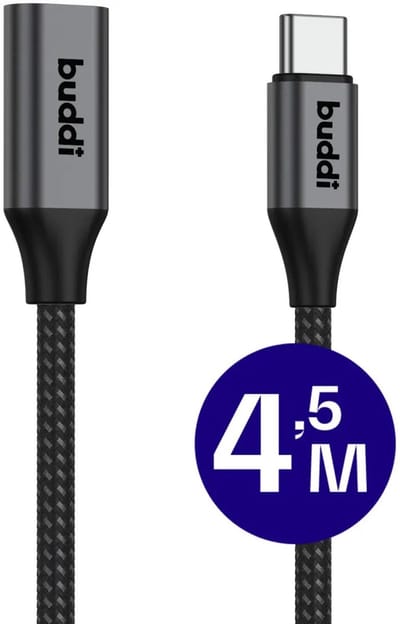 Buddi Flex | USB-C naar USB-C Verlengkabel | Female naar Male | 60W Fast Charge | Power Delivery Snelladen | Gevlochten Nylon | Alleen voor Opladen en Dataoverdracht | 4.5M | Zwart