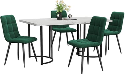 Merax 5-delig Eettafel Set - Moderne Keukentafel 140x80 cm met 4 Donkergroene Fluwelen Stoelen - Zwarte Metalen Poten en Witte MDF Tafelblad