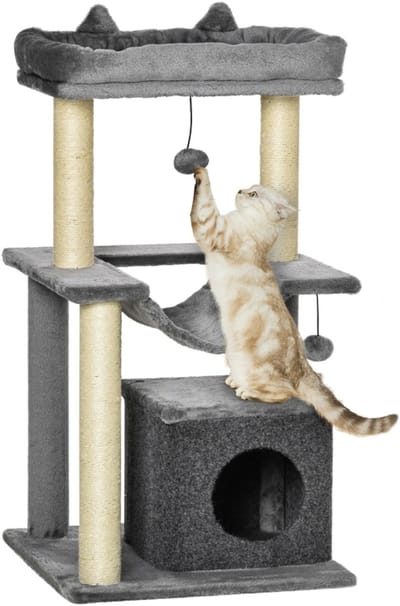 Wishdor - Kattenkrabpaal - meerdere niveaus - met huisje - 48L x 48B x 90H cm grijs
