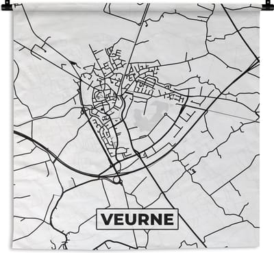 Wandkleed - Wanddoek - Zwart Wit – België – Plattegrond – Stadskaart – Kaart – Veurne - 180x180 cm - Wandtapijt