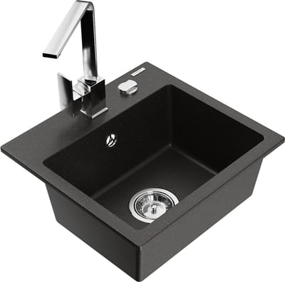 Mexen Milo granieten gootsteen 1-kompartement met keukenmengkraan Rita, zwart/gouden metallic - 6505-75-670300-00