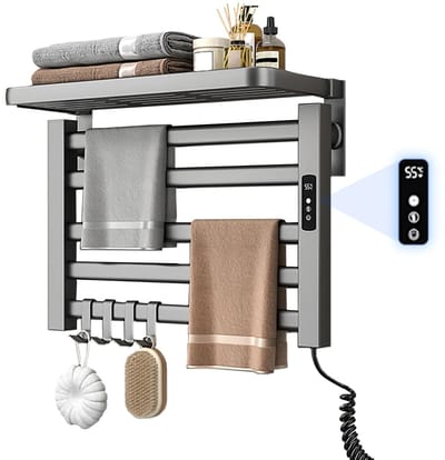 Slimme Elektrische Handdoekverwarmer van Koolstofvezel – Digitale Temperatuurregeling 30-70°C – 24-uurs Timer – Boorvrije Installatie – Aluminium Handdoekdroger voor Badkamer & Hotel