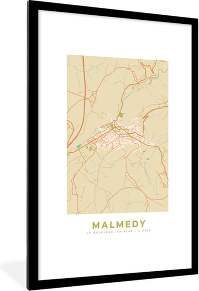 Fotolijst incl. Poster - Plattegrond - Kaart - België - Malmedy - Stadskaart - 80x120 cm - Posterlijst