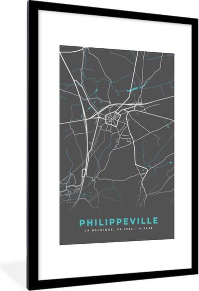 Fotolijst incl. Poster - België – Philippeville – Stadskaart – Kaart – Blauw – Plattegrond - 80x120 cm - Posterlijst