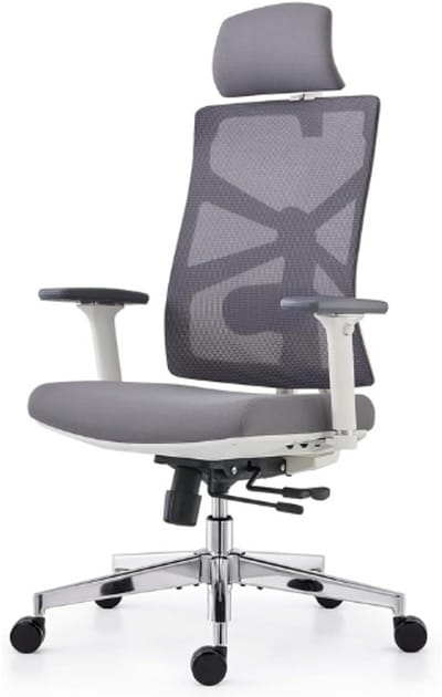 Ergonomische bureaustoel met adaptieve rugleuning, hoge rugleuning computerbureaustoel met 4D-armleuningen, verstelbare zitdiepte, lendensteun en 2D-hoofdsteun, draaibare taakstoel, wit