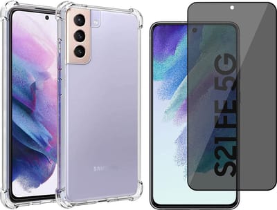 Hoesje geschikt voor Samsung Galaxy S21 FE - Anti Shock Proof Siliconen Back Cover Case Hoes Transparant - Tempered Glass Privacy Screenprotector