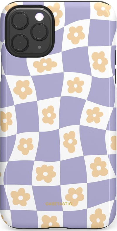 Casetastic hoesje geschikt voor Apple iPhone 11 Pro Max - Dubbellaagse bescherming - Kronkelende madeliefjes - Fashion Case - Lila Wit Zand Lichtgrijs