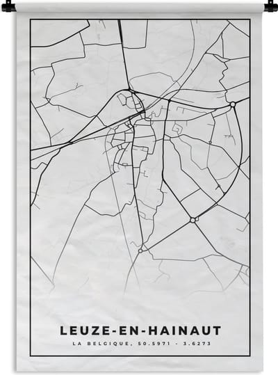 Wandkleed - Wanddoek - België – Leuze en Hainaut – Stadskaart – Kaart – Zwart Wit – Plattegrond - 120x180 cm - Wandtapijt