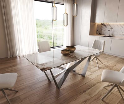 Eetkamertafel Edge keramiek Minas Melange wit-beige 200x100 spider vlak staal RVS