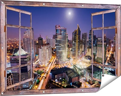 Gards Tuinposter Doorkijk Makati Stad Skyline in de Nacht in Thailand - 120x80 cm - Tuindoek - Tuindecoratie - Wanddecoratie buiten - Tuinschilderij