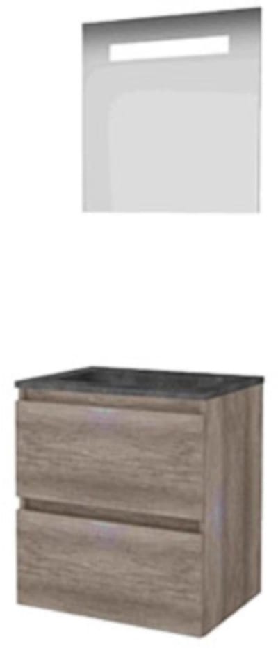 Basic-Line Economic 46 Badkamermeubelset - 60 x 46 cm - Greeploos - 2 Lades - Hardstenen Wastafel - 1 Kraangat - Spiegel met LED Verlichting - Scotch Oak