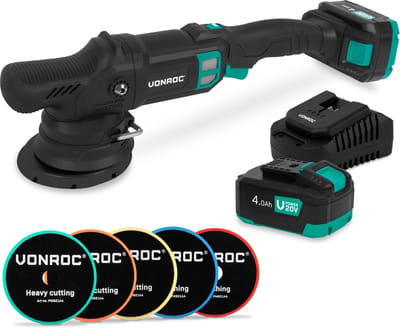 VONROC PRO Excentrische Polijstmachine 20V - Ø 125mm - Brushless motor – 7 snelheden (2000-5000/min) - Soft Start– Complete set incl. 2x 4.0Ah Accu’s, Snellader en 5 Polijstschijven