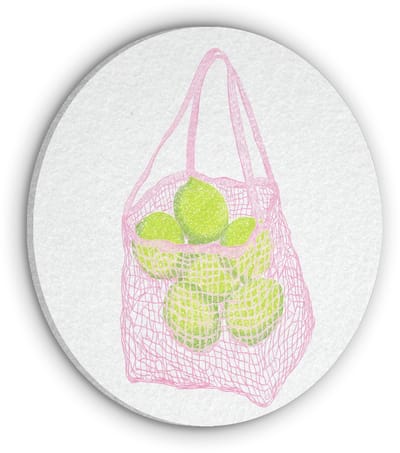 Akoestisch wandpaneel rond 50x50 cm - Vilt schilderij Netzakje - Roze - Illustratie - Limoenen - Ronde akoestische panelen - Geluidsdempende wanddecoratie - Geluidsisolatie wandcirkel - Muurdecoratie geluidspanelen