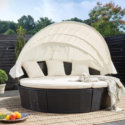 Zonne-eiland 2 persoons ligbed Ø185 cm met zonnedak en tafel – Polyrotan loungeset met kussens, weerbestendig en verstelbaar – Luxe tuin ligstoel zwart – Urbanhome